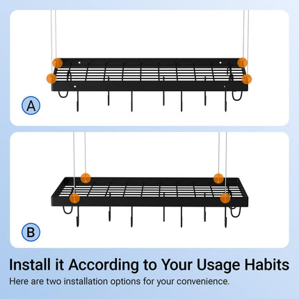 Miyili Ceiling Mounted Pot Rack Square Grid Kitchen Pot And Pan Organizer Storage Shelf with 10 Hooks, 24 by 12-inch (Black), KCR300B1