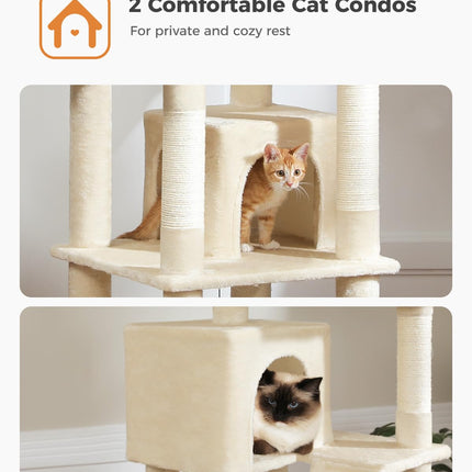PEQULTI 70.9" Large Cat Tree for Indoor Cats,180cm Tall Cat Tree for Large Cats, Multi-Level Plush Cat Tower with 6 Scratching Posts, 2 Cat Condos, 2 Perches, Hammock, Pompoms, Cream #C2