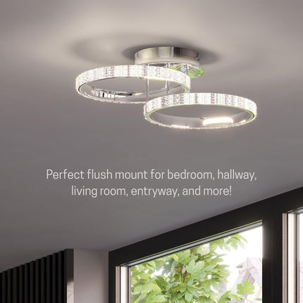 Loris 16-Inch LED Flush Mount Ceiling Light, Chrome Finish with Crystal-Style Embellishments, Modern Glam Light Fixture for Bedroom, Hallway, or Entryway