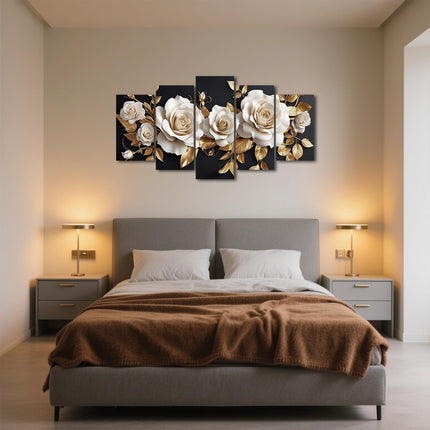 LZIMU White and Gold Flower Canvas Wall Art 5 Pieces White Rose Gold Leaf Pictures Large Elegant Floral Painting Abstract Blooming Flowers Print Home Decor Framed (8x14inx2 8x18inx2 8x22inx1)