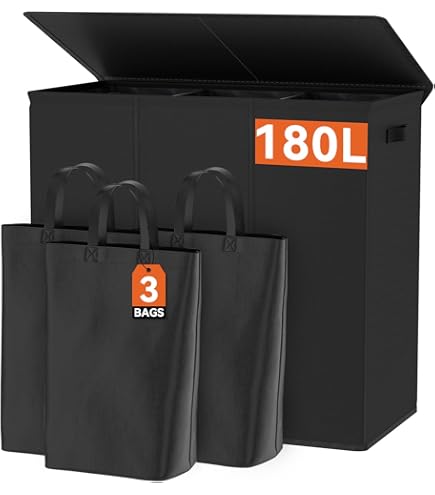 DOKEHOM 180L Laundry Basket with Removable Lid and Laundry Bags, Large Collapsible Laundry Hamper with 3 Sections for Bedroom, Bathroom, Laundry Room, College (Black)