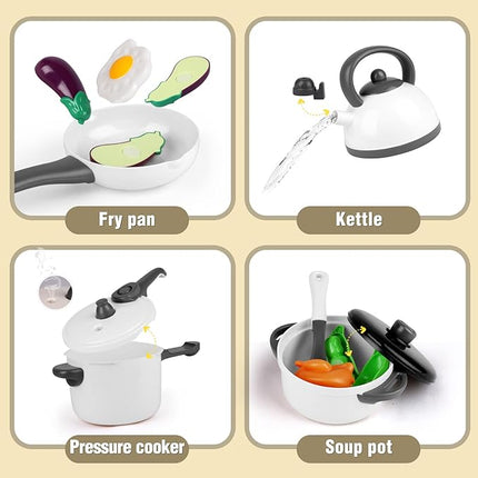 Kitchen Set for Kids, Kitchen Toys with Electronic Induction Cooktop, Steam Pressure Pot, Cookware, Pretend Play Kitchen Accessories, Cutting Play Food, Birthday Gifts for Girls Boys Toddlers (Gray) T43