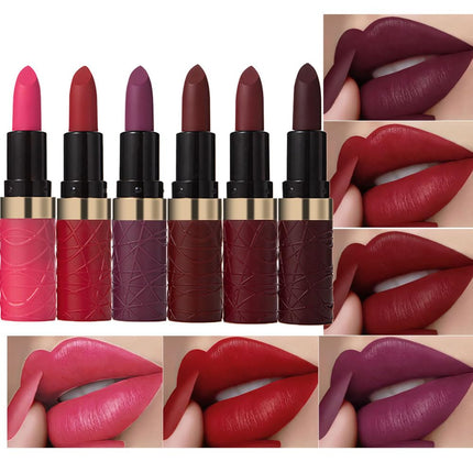 MIRSIST 6 Pcs Long Lasting Waterproof Moisturizing Nude Pink Dark Red Purple Wine Red Plum Matte Lipstick Gift Set