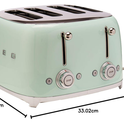 Smeg 50's Style Retro Aesthetic 4 Slice Toaster 6 Presets Extra Wide Slots, Pastel Green, TSF03PGUS