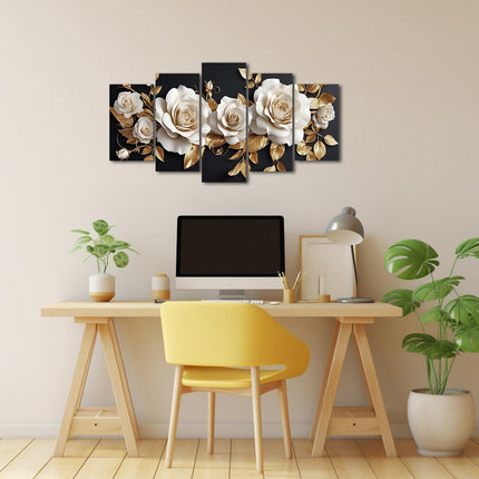 LZIMU White and Gold Flower Canvas Wall Art 5 Pieces White Rose Gold Leaf Pictures Large Elegant Floral Painting Abstract Blooming Flowers Print Home Decor Framed (8x14inx2 8x18inx2 8x22inx1)