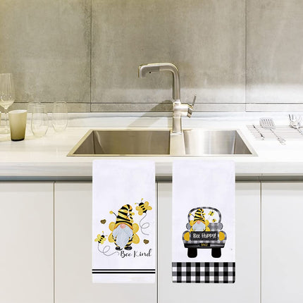 Secarond Set of 2 Buffalo Plaid Bee Gnome Kitchen Dish Towel 18 x 28 Inch, Seasonal Spring Summer Bee Happy Tea Towels Dish Cloth for Cooking Baking