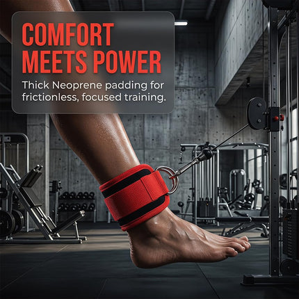 OVTSPO 2-PACK Fitness Ankle Cuff Adjustable Padded Strap with Metal D Ring for Leg and Glute Training, Cable Machine and Home Gym, RED