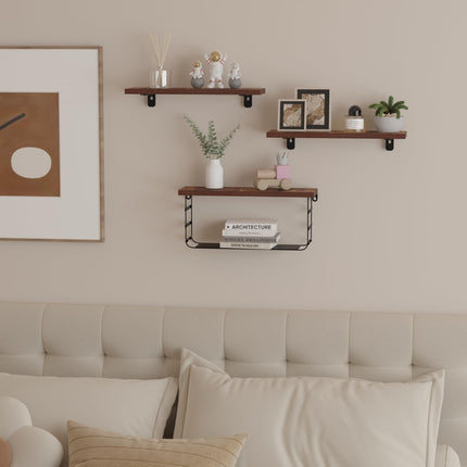 Lavezee Floating Shelves for Wall Decor, Bathroom Shelf Over Toilet Paper Storage with Wire Basket Shelving Set of 3, Rustic Brown