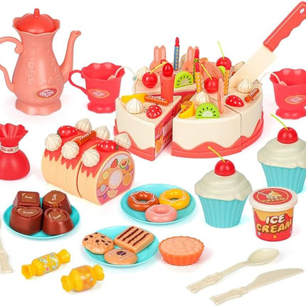 82Pcs DIY Cutting Birthday Cake Food Toys Pretend Playset-Light and Music with Candles,Dessert for Kids Toddlers T26