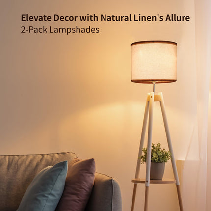 Wankaix Set of 2 Drum Lamp Shades Replacements For Table Lamps Easy Assembly, WHITE BIEGE  Natural Linen Fabric SIZE 13"x13"x10"