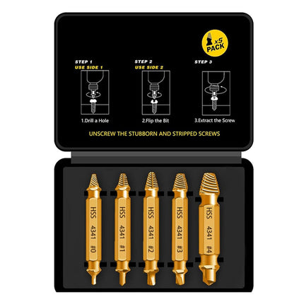 HSS 4341 Damaged Screw Extractor Set, 5-Piece Double-Ended Drill Bits for Stripped Screws and Bolts, 2-14mm Range, Gold Titanium