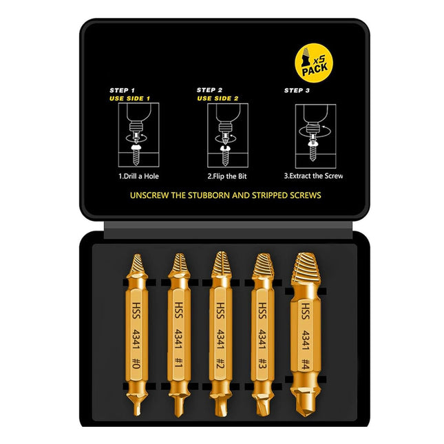 HSS 4341 Damaged Screw Extractor Set, 5-Piece Double-Ended Drill Bits for Stripped Screws and Bolts, 2-14mm Range, Gold Titanium