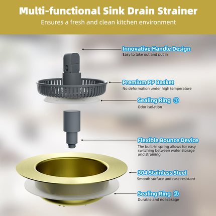 Hibbent 2 Pack Stainless Steel 3-in-1 Sink Drain Strainer and Stopper Combo, Metal Pop Up, 3 Anti-Clogging with Handle 3-1/2" Drain, Brushed Gold