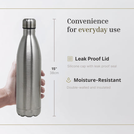 JS Gourmet 750ml Double Wall Stainless Steel Water Bottle with Leak-proof Silicone Cap, Lightweight, Reusable Insulated Metal Bottle, Keeps Beverages Hot or Cold