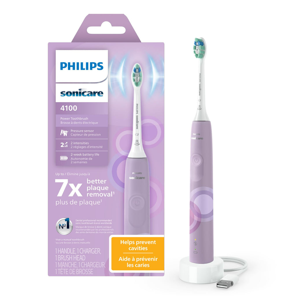 Philips Sonicare 4100 Electric Toothbrush, Sonic Toothbrush with Two Intensity Levels, Pressure Sensor and Timer, Lush Lilac Prismatic, Model HX3689/24