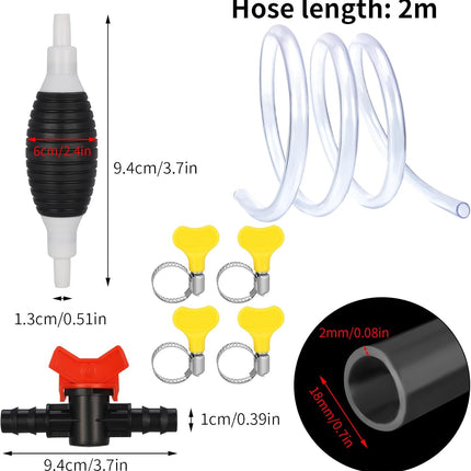 Guiqulai Siphon Pump Kit of 7 Pcs, Fuel Transfer Pump for Gasoline Gas Fluid Fuel Fish Tank, Manual Hand Pump with 2 M Siphon Hose Airbag, Stop Valve, Hose Fastener