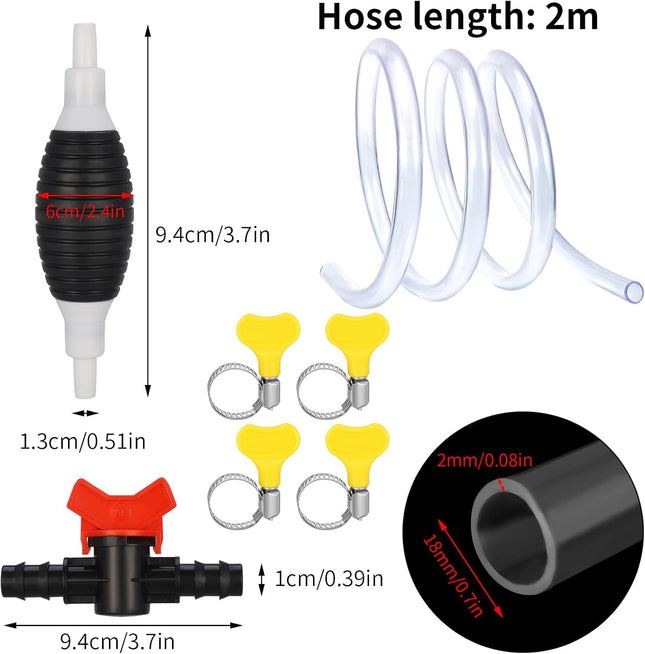 Guiqulai Siphon Pump Kit of 7 Pcs, Fuel Transfer Pump for Gasoline Gas Fluid Fuel Fish Tank, Manual Hand Pump with 2 M Siphon Hose Airbag, Stop Valve, Hose Fastener