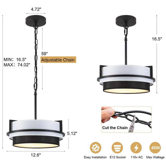 DWLGIGH Black Drum Chandelier 3-Light, 12.6" Farmhouse Chandeliers for Dining Room