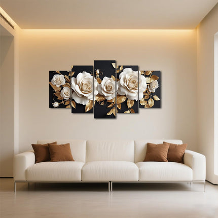 LZIMU White and Gold Flower Canvas Wall Art 5 Pieces White Rose Gold Leaf Pictures Large Elegant Floral Painting Abstract Blooming Flowers Print Home Decor Framed (8x14inx2 8x18inx2 8x22inx1)