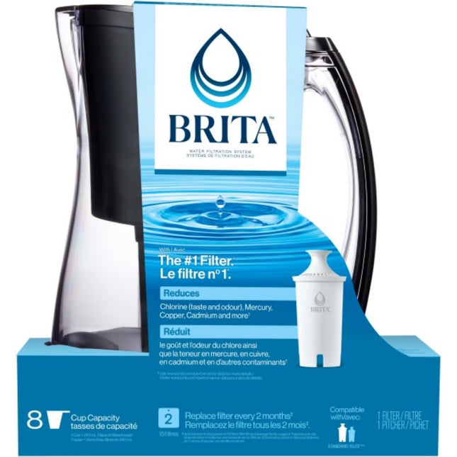 Brita 8 Cup Filter Pitcher, Reduces Chlorine taste and odour from Tap Water, Filters 151 Litres, Marina, Black