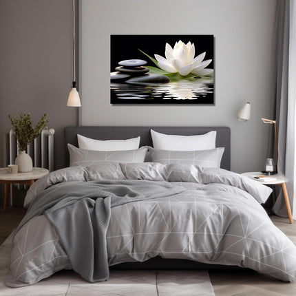 LZIMU Zen Canvas Wall Art White Lotus and Black Zen Stones Bloom in Water Picture Prints for Yoga Spa Meditation Spiritual Room Bathroom Decor (Zen-1, 20"x30")