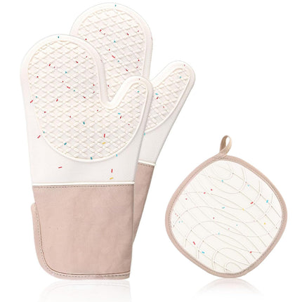 Silicone Oven Glove Set, Silicone Oven Gloves, with Soft Cotton Lining, 500 ° F Heat Resistant and Non Slip Gloves, with Pot Mat, Suitable for Cooking, Baking, Microwave and Barbecue