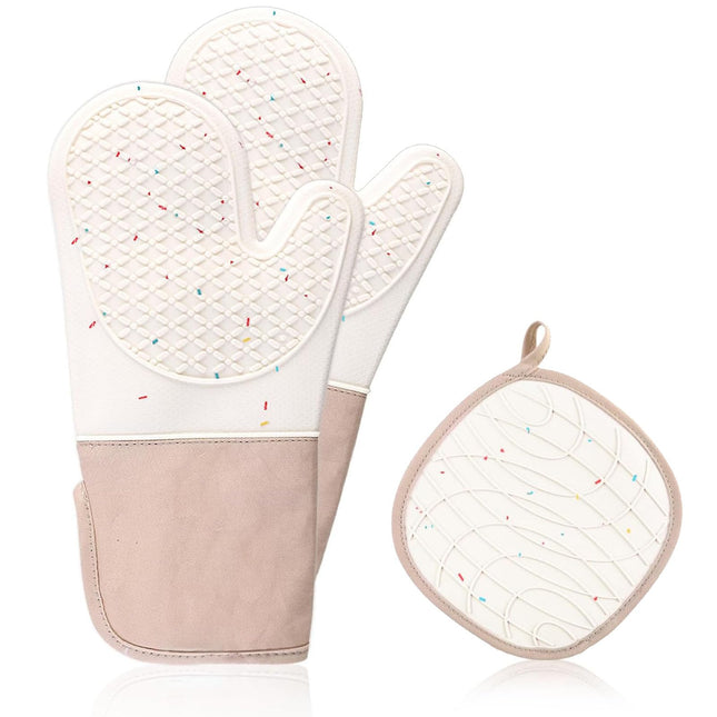 Silicone Oven Glove Set, Silicone Oven Gloves, with Soft Cotton Lining, 500 ° F Heat Resistant and Non Slip Gloves, with Pot Mat, Suitable for Cooking, Baking, Microwave and Barbecue