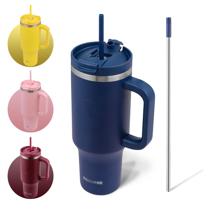 FAHRMOSIS 40 oz Tumbler with Handle and Straw Insulated Leak Proof Tumbler, NAVY BLUE