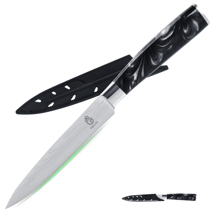 FULLHI 5" Multicolor Japanese Utility Stainless Steel Paring Knife with Sheath Guard, Black Resin