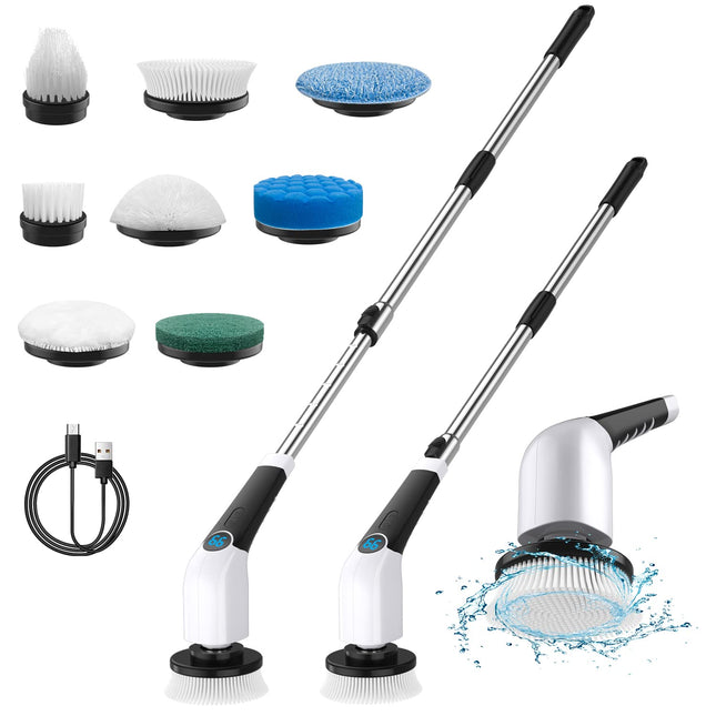 YKYI Electric Cordless Cleaning Spin Scrubber Brush with 8 Replaceable Brush Heads & Adjustable Extension Handle & 3 Rotating Speeds, ANS-8051B