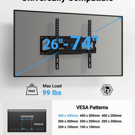 Pipishell PLMFK1 Full Motion TV Wall Mount for 26-74 inch TVs, up to 99lbs Max VESA 400x400mm, Wall Mount TV Bracket with Articulating Swivel Extension Tilting Leveling for LED LCD OLED 4K Flat Curved Screen