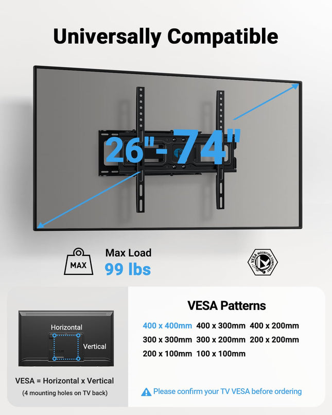 Pipishell PLMFK1 Full Motion TV Wall Mount for 26-74 inch TVs, up to 99lbs Max VESA 400x400mm, Wall Mount TV Bracket with Articulating Swivel Extension Tilting Leveling for LED LCD OLED 4K Flat Curved Screen