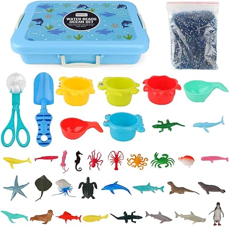 Aomola Water Beads Play Set ,Sensory Toys for Kids with Water Beads, Sea Animals, Water Beads Tools， 37 PCS Ocean Toy Figures with Container Storage T101