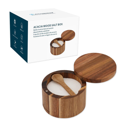KITCHENDAO 6oz Acacia Wood Salt Cellar Bowl Box with Built-in Spoon to avoid Dust, Elegant Kitchen Salt Container Holder with Swivel Magnetic Lid to Storage Pepper Spice Bath Salt
