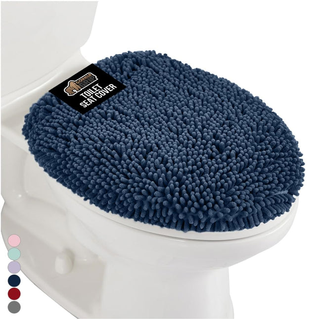 GORILLA GRIP 19.5x18.5 Shag Chenille Bathroom Toilet Lid Cover, Ultra Soft Plush, Fits Standard Toilet Lids, Navy Blue