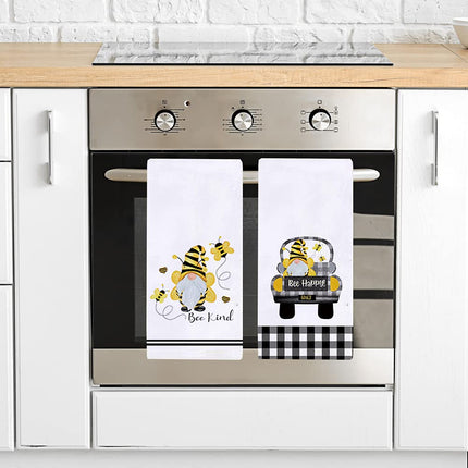Secarond Set of 2 Buffalo Plaid Bee Gnome Kitchen Dish Towel 18 x 28 Inch, Seasonal Spring Summer Bee Happy Tea Towels Dish Cloth for Cooking Baking