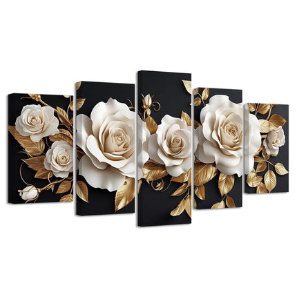 LZIMU White and Gold Flower Canvas Wall Art 5 Pieces White Rose Gold Leaf Pictures Large Elegant Floral Painting Abstract Blooming Flowers Print Home Decor Framed (8x14inx2 8x18inx2 8x22inx1)