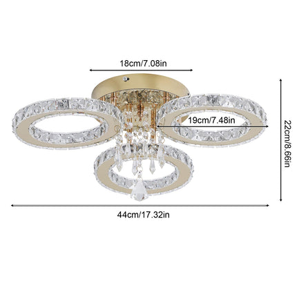 VETRULUS 3-Ring Crystal LED Chandelier Gold Flush Ceiling Light Cool White