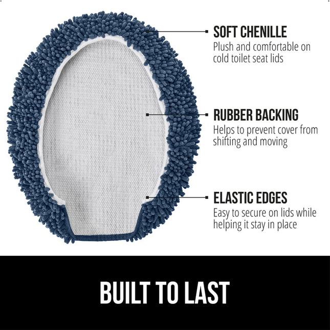 GORILLA GRIP 19.5x18.5 Shag Chenille Bathroom Toilet Lid Cover, Ultra Soft Plush, Fits Standard Toilet Lids, Navy Blue