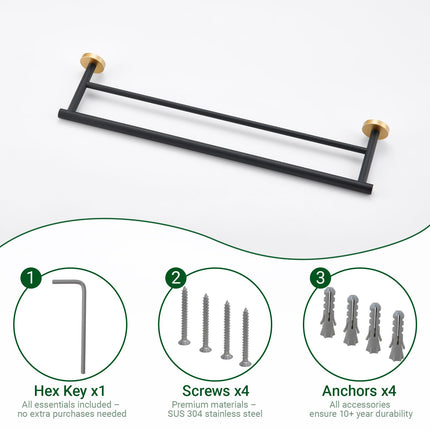 Miyili 24-Inch Bathroom Double Towel Rack Black & Gold