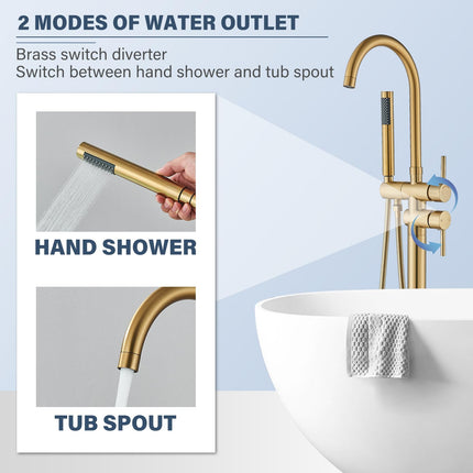 YAGATAP Freestanding Bathtub Faucet Floor Mount Tub Filler Brushed Gold High Flow Shower Faucets with Handheld Shower Mixer Taps Swivel Spout