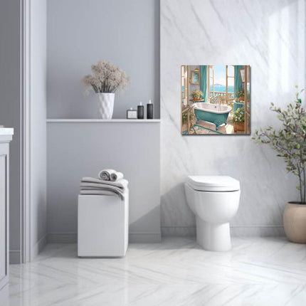 LZIMU Bathroom Wall Decor Teal Bathtub Wall Art Rustic Flower Canvas Prints Sea View from The Window Artwork for Bathroom Restroom Washroom Decor (Bathtub-2, 16"x16")