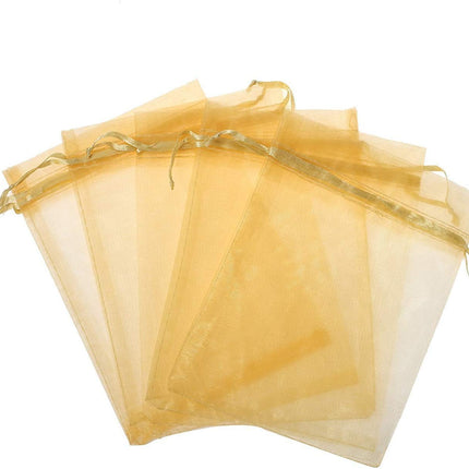 Pimuza 100pcs 5x7 inch Gifts Wrap Bags Gold, Organza Sheer Fabric Bulk, Drawstring
