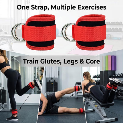 OVTSPO 2-PACK Fitness Ankle Cuff Adjustable Padded Strap with Metal D Ring for Leg and Glute Training, Cable Machine and Home Gym, RED