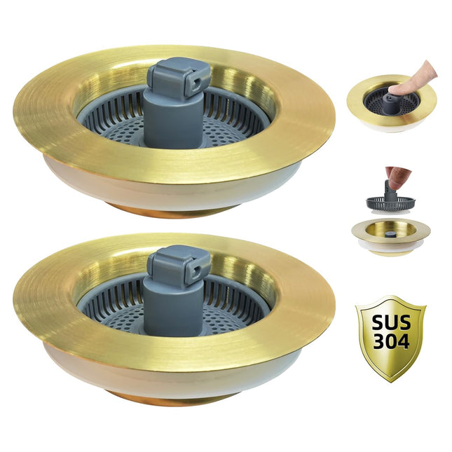 Hibbent 2 Pack Stainless Steel 3-in-1 Sink Drain Strainer and Stopper Combo, Metal Pop Up, 3 Anti-Clogging with Handle 3-1/2" Drain, Brushed Gold