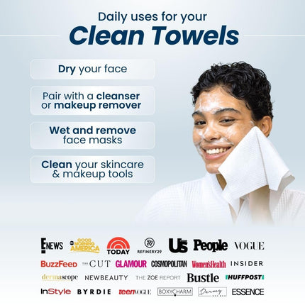 Clean Skin Club Clean Towels XL®, 100% USDA Biobased Face Towel, Disposable Face Towelette, Eczema Association Accepted, Makeup Remover Dry Wipes, Ultra Soft, 50 ct per pack, 2 Packs, 100 Ct Total