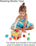 Aomola Wooden Shape Sorting Cube Toys with 13 Colorful Wood Geometric Shape Blocks and Sorter Box,Learning Matching Game for Toddlers,Preschool Educational Learning Toy for Kids T93