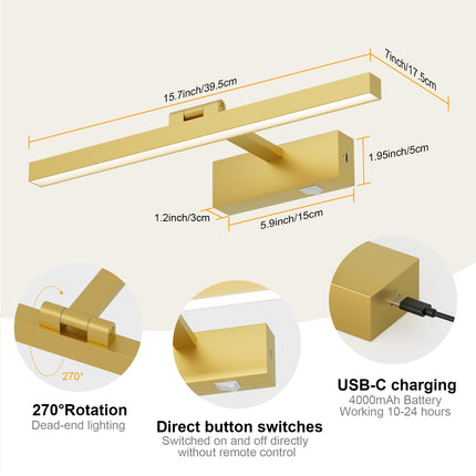 Coinmit Gold Battery Operated Wireless Dimmable 16" Gold Rechargeable Wall Light for Dartboard Artwork Picture Frame