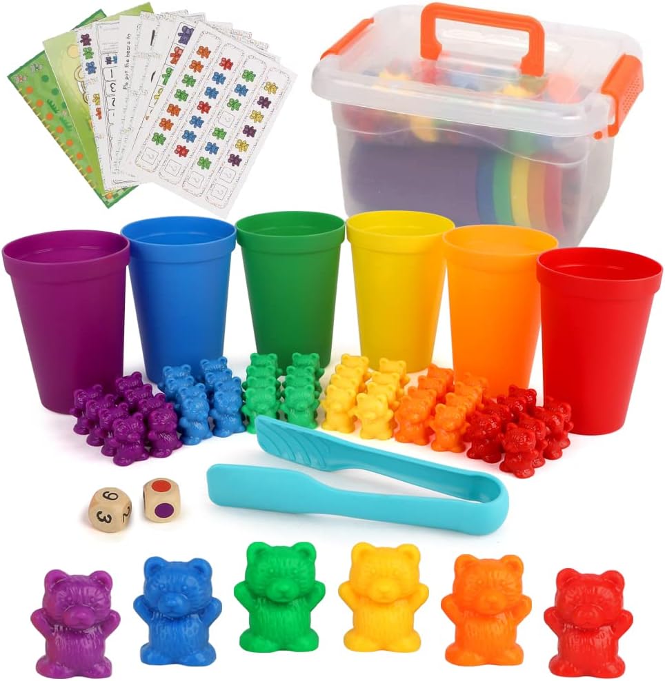 Aomola Rainbow Counting Bears Activity Set 83PCS Number Color Recognition Games Educational Toys with Cups and Cards T54