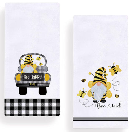 Secarond Set of 2 Buffalo Plaid Bee Gnome Kitchen Dish Towel 18 x 28 Inch, Seasonal Spring Summer Bee Happy Tea Towels Dish Cloth for Cooking Baking